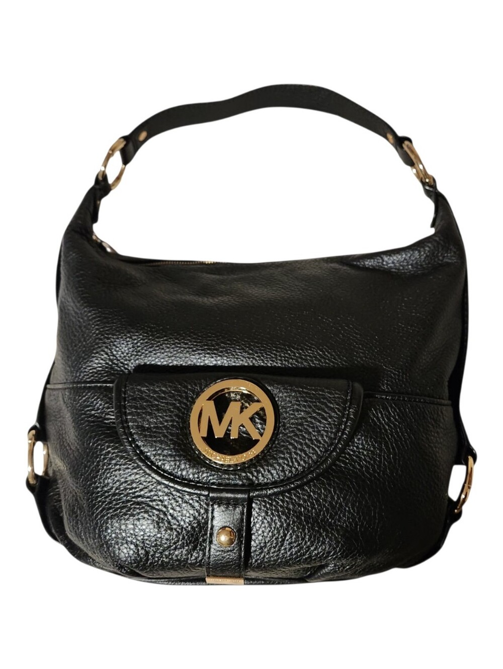 Michael Kors Fulton Large Shoulder Bag Black Pebbled Leather Gold MK Logo Hobo